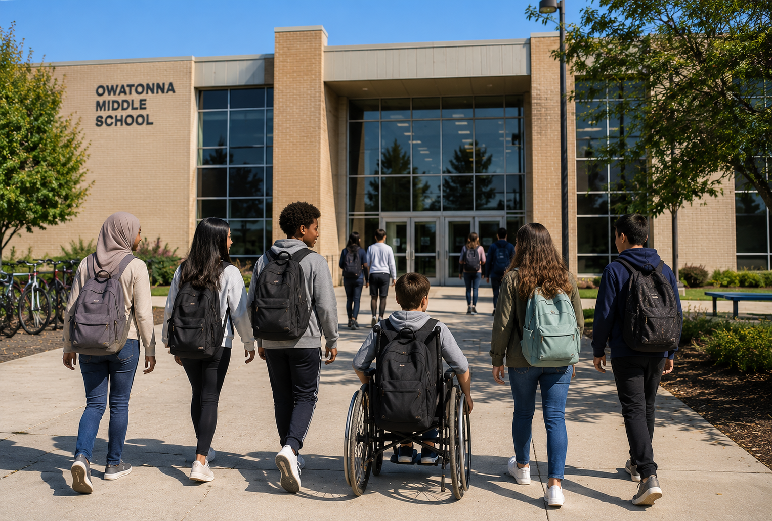 Students walking into Owatonna Middle School