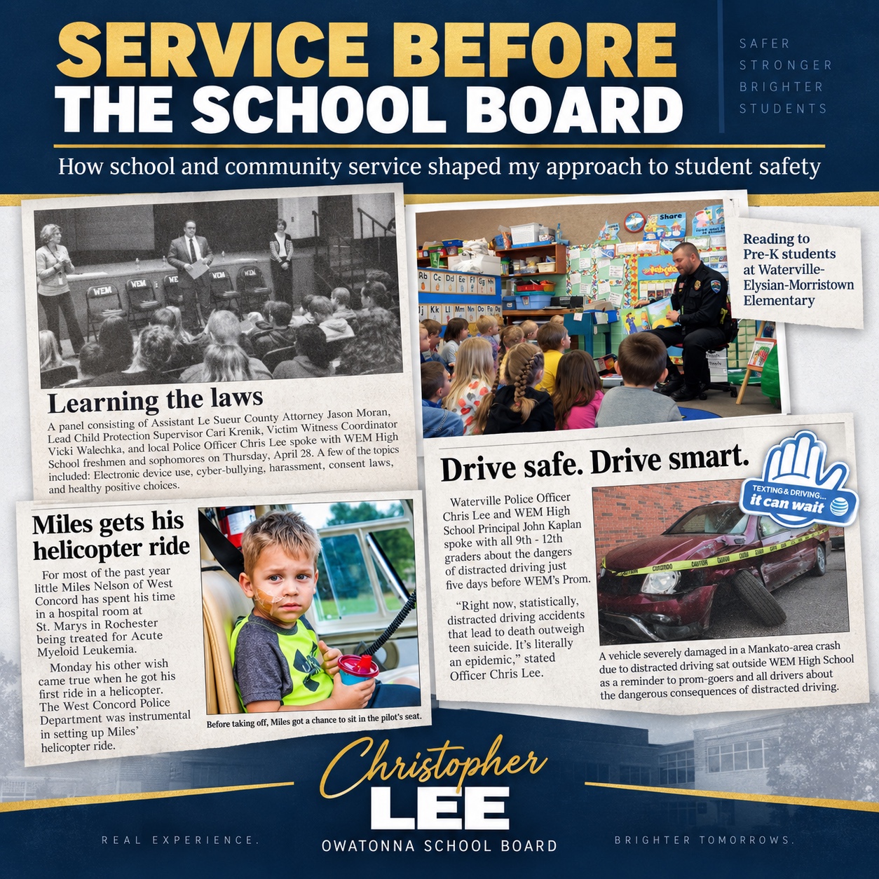 Service Before the School Board collage highlighting Christopher Lee's school and community public-safety experience